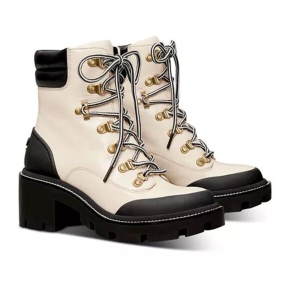 NEW Tory Burch Lug Sole Hiker Ankle Boot in New Ivory/ Perfect Black Size 10 - Picture 2 of 11